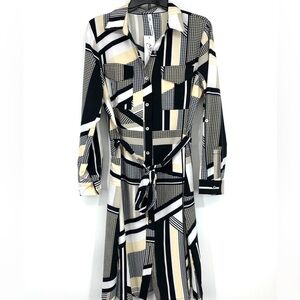 NY Collection Shirt Dress Size Large Tan Black White Button Down New